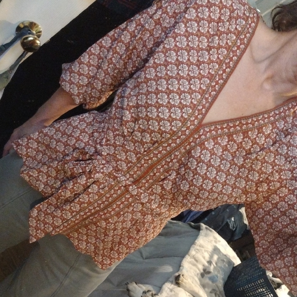 Max Studio Floral Wrap Blouse - Rust and White